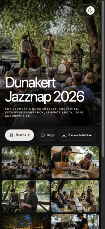 A Dunakert Jazznap galériájának sötét mobilnézete, rendezvénymappákkal és fotókkal