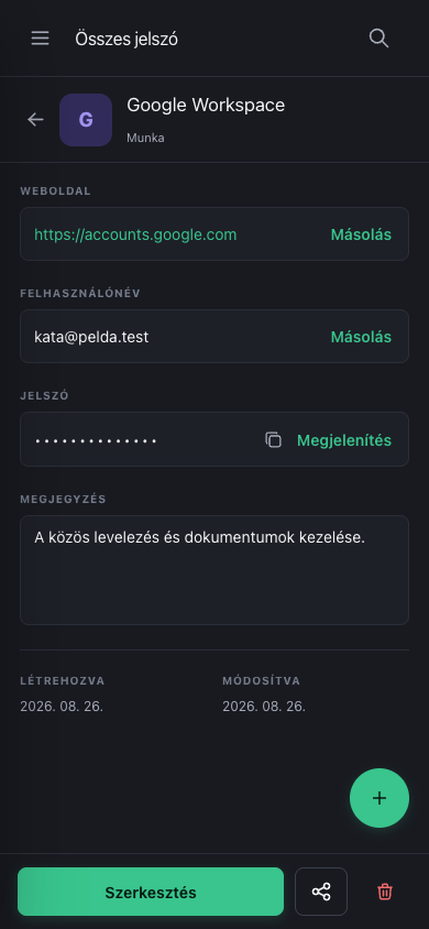 Egy jelszó részletes adatlapja mobilon, szerkesztési és megosztási gombokkal