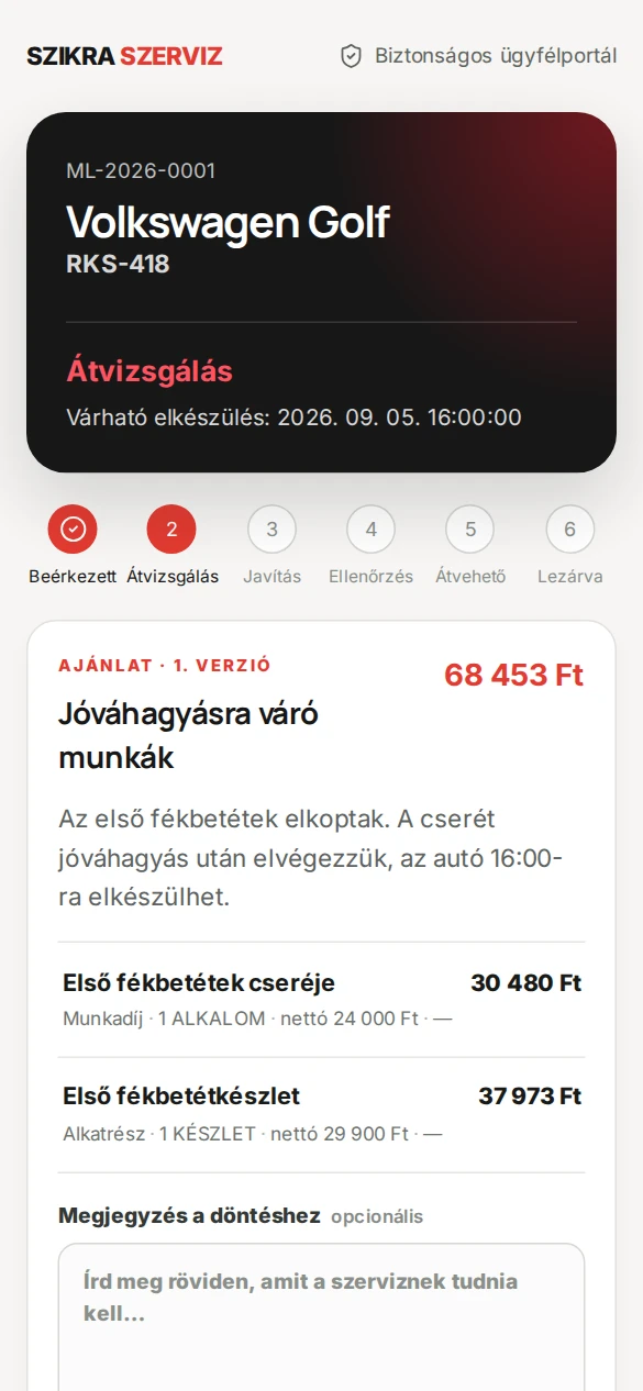 Az xService ügyfélfelülete mobilon: egy demójármű javítási állapota és a jóváhagyásra váró ajánlat